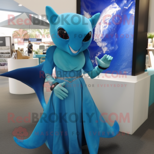 Cyan Manta Ray mascot costume character dressed with a Midi Dress and Bracelet watches