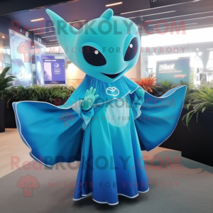 Cyan Manta Ray mascot costume character dressed with a Midi Dress and Bracelet watches