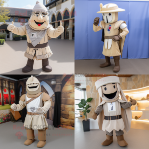 Beige Medieval Knight mascot costume character dressed with a Waistcoat and Berets