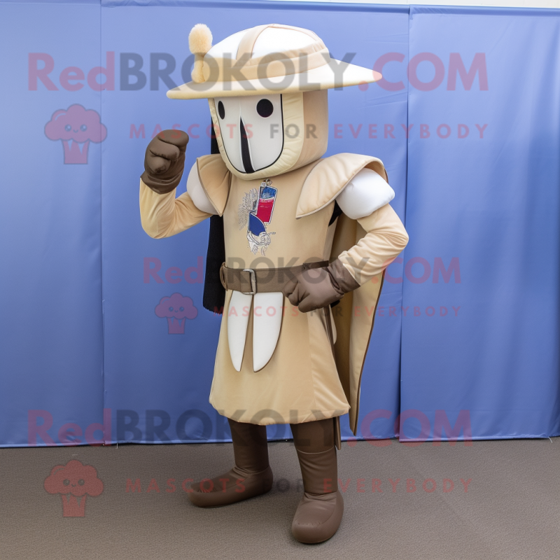 Beige Medieval Knight mascot costume character dressed with a Waistcoat and Berets