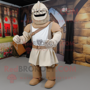 Beige Medieval Knight mascot costume character dressed with a Waistcoat and Berets