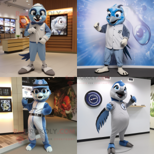 Gray Blue Jay mascot costume character dressed with a Jumpsuit and Digital watches