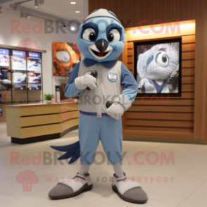 Gray Blue Jay mascot costume character dressed with a Jumpsuit and Digital watches