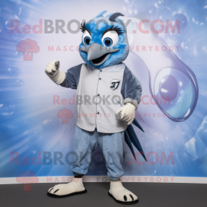 Gray Blue Jay mascot costume character dressed with a Jumpsuit and Digital watches