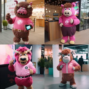 Pink Bison mascot costume character dressed with a Cardigan and Smartwatches