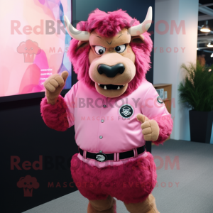 Pink Bison mascot costume character dressed with a Cardigan and Smartwatches