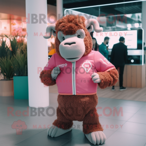 Pink Bison mascot costume character dressed with a Cardigan and Smartwatches