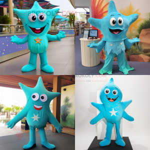 Turquoise Starfish mascot costume character dressed with a Dress and Suspenders