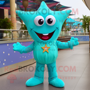 Turquoise Starfish mascot costume character dressed with a Dress and Suspenders