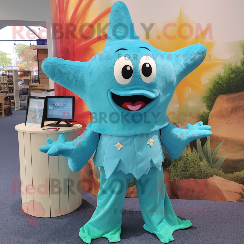 Turquoise Starfish mascot costume character dressed with a Dress and Suspenders