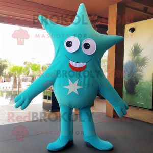 Turquoise Starfish mascot costume character dressed with a Dress and Suspenders