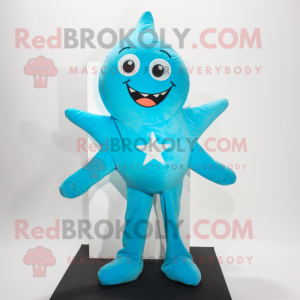 Turquoise Starfish mascot costume character dressed with a Dress and Suspenders