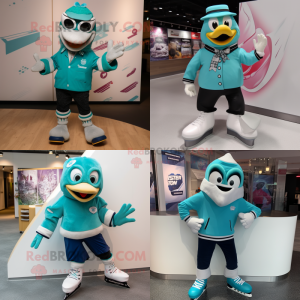 Teal Pair Of Ice Skates mascot costume character dressed with a Blazer and Bracelets