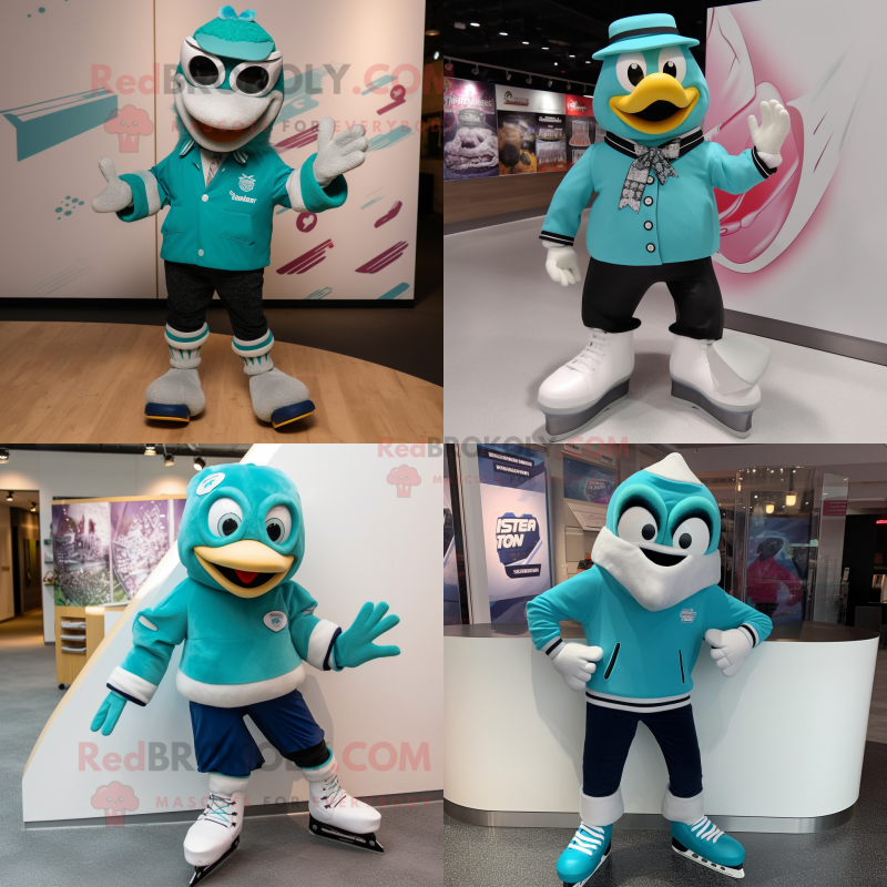 Teal Pair Of Ice Skates mascot costume character dressed with a Blazer and Bracelets Teal Pair Of Ice Skates mascot costume character dressed with a Blazer and Bracelets