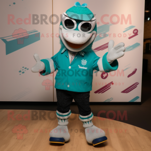 Teal Pair Of Ice Skates mascot costume character dressed with a Blazer and Bracelets