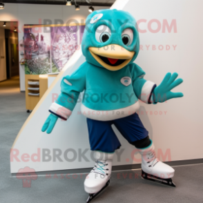 Teal Pair Of Ice Skates mascot costume character dressed with a Blazer and Bracelets