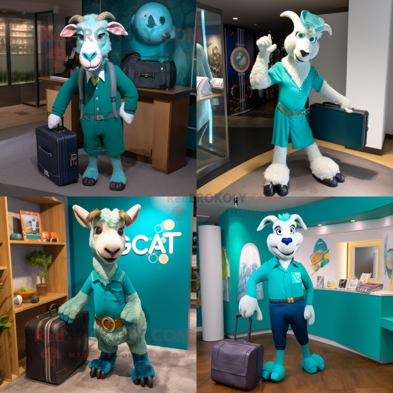 Teal Goat mascot costume character dressed with a Capri Pants and Briefcases