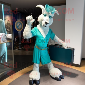 Teal Goat mascot costume character dressed with a Capri Pants and Briefcases