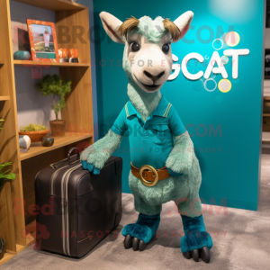 Teal Goat mascot costume character dressed with a Capri Pants and Briefcases