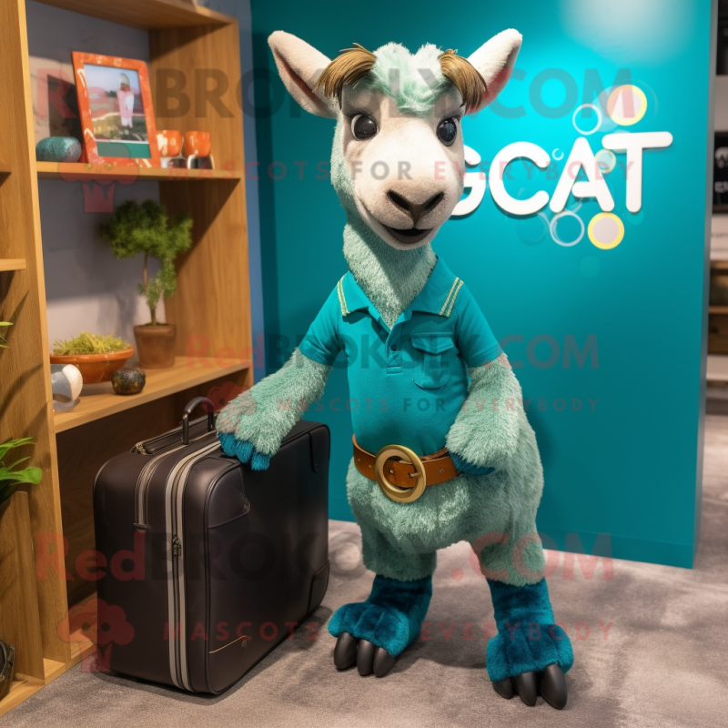 Teal Goat mascot costume character dressed with a Capri Pants and Briefcases Teal Goat mascot costume character dressed with a Capri Pants and Briefcases