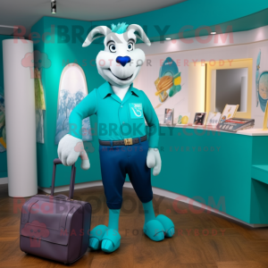 Teal Goat mascot costume character dressed with a Capri Pants and Briefcases