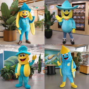 Turquoise Banana mascot costume character dressed with a Jeans and Berets