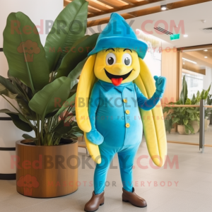 Turquoise Banana mascot costume character dressed with a Jeans and Berets