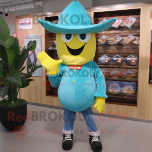 Turquoise Banana mascot costume character dressed with a Jeans and Berets