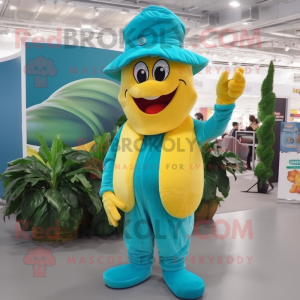 Turquoise Banana mascot costume character dressed with a Jeans and Berets