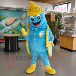 Turquoise Banana mascot costume character dressed with a Jeans and Berets