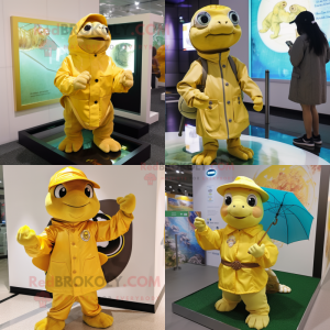 Gold Turtle mascot costume character dressed with a Raincoat and Watches