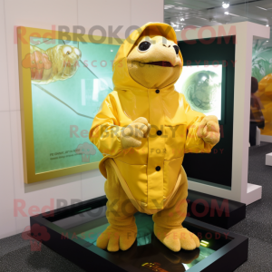 Gold Turtle mascot costume character dressed with a Raincoat and Watches