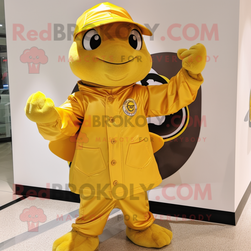 Gold Turtle mascot costume character dressed with a Raincoat and Watches