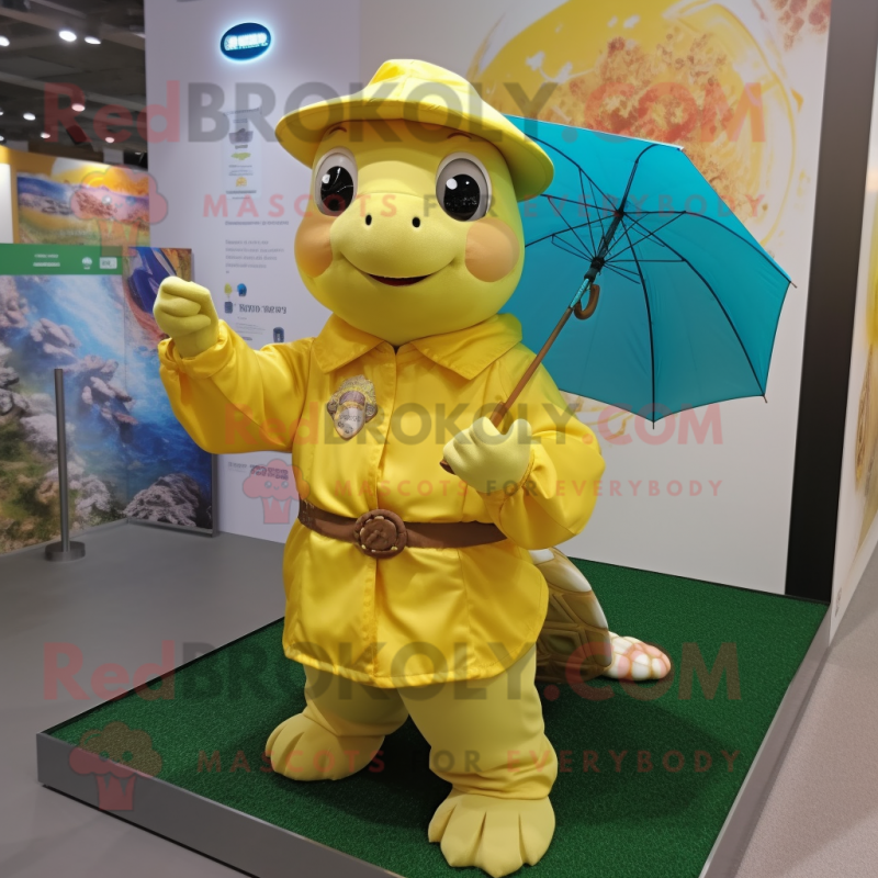 Gold Turtle mascot costume character dressed with a Raincoat and Watches