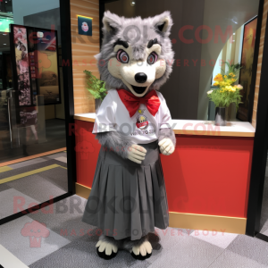 nan Say Wolf mascot costume character dressed with a Pleated Skirt and Brooches
