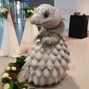 Gray Pangolin mascot costume character dressed with a Wedding Dress and Earrings