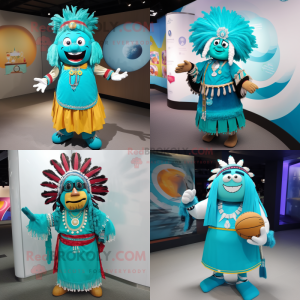 Turquoise Chief mascot costume character dressed with a Ball Gown and Bracelets