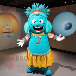 Turquoise Chief mascot costume character dressed with a Ball Gown and Bracelets