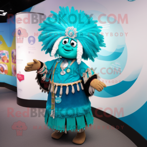 Turquoise Chief mascot costume character dressed with a Ball Gown and Bracelets