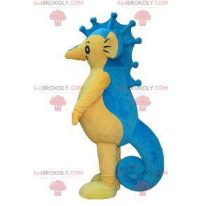 Mascota gigante de caballito de mar azul y amarillo -