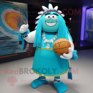 Turquoise Chief mascot costume character dressed with a Ball Gown and Bracelets
