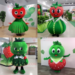 Forest Green Strawberry mascot costume character dressed with a Ball Gown and Suspenders