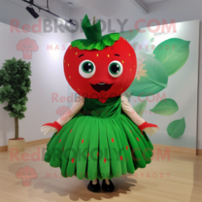 Forest Green Strawberry mascot costume character dressed with a Ball Gown and Suspenders