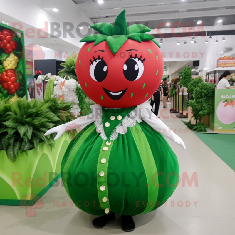 Forest Green Strawberry mascot costume character dressed with a Ball Gown and Suspenders