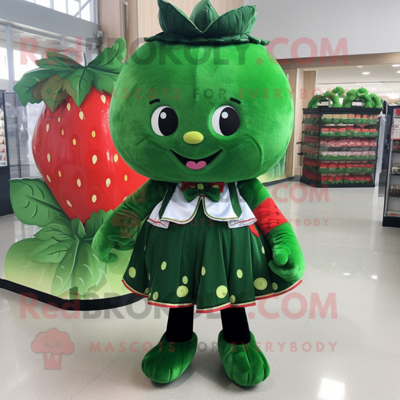 Forest Green Strawberry mascot costume character dressed with a Ball Gown and Suspenders