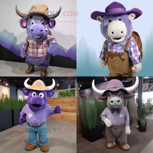 Lavender Buffalo mascot costume character dressed with a Button-Up Shirt and Hat pins