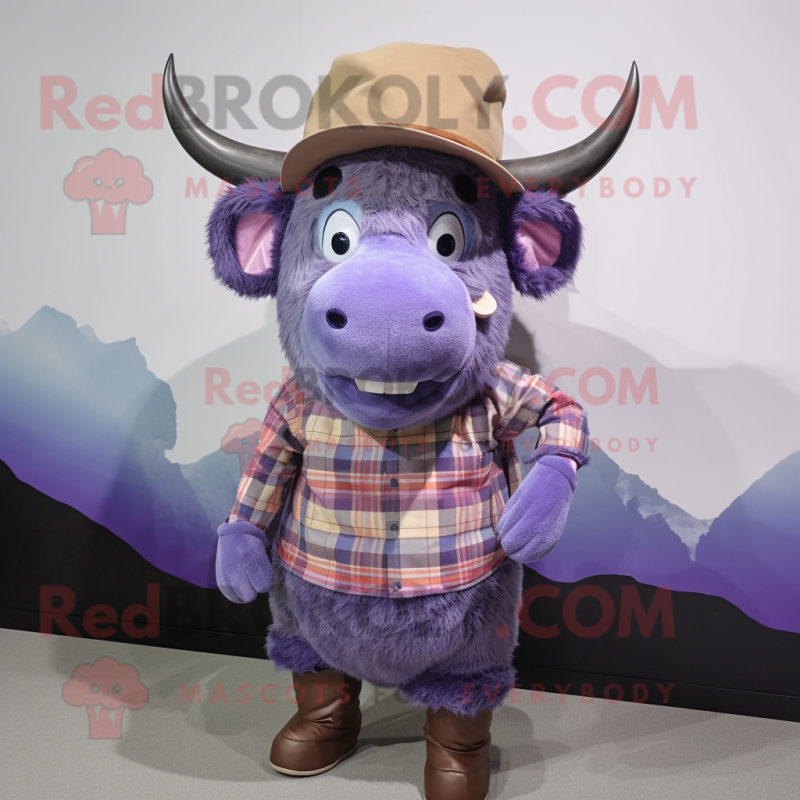 Lavender Buffalo mascot costume character dressed with a Button-Up Shirt and Hat pins