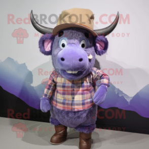 Lavender Buffalo mascot costume character dressed with a Button-Up Shirt and Hat pins
