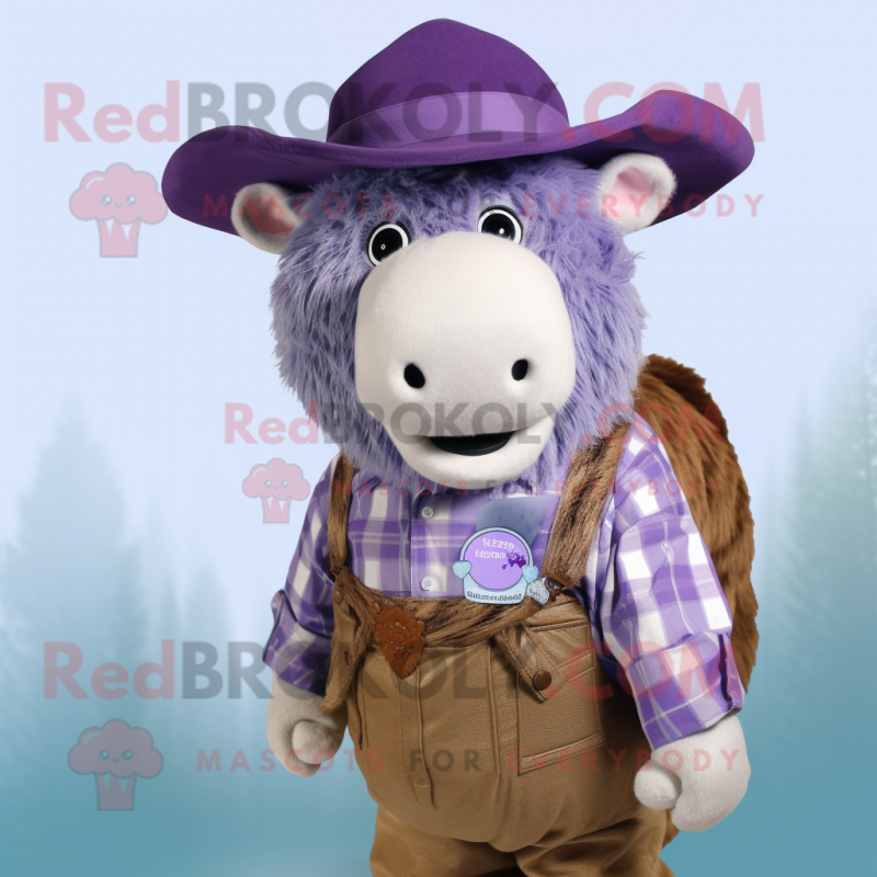 Lavender Buffalo mascot costume character dressed with a Button-Up Shirt and Hat pins