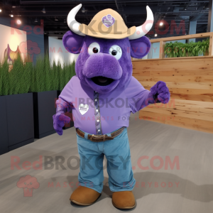 Lavender Buffalo mascot costume character dressed with a Button-Up Shirt and Hat pins